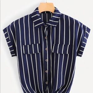 Navy stripped cropped collar button down blouse